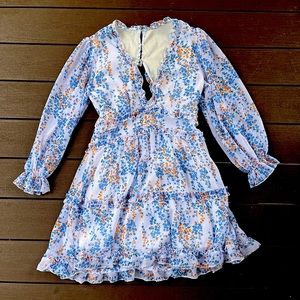 white blue and orange floral long sleeve dress
